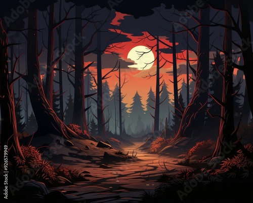 Dark forest scene flat design front view mysterious woods animation Splitcomplementary color scheme photo