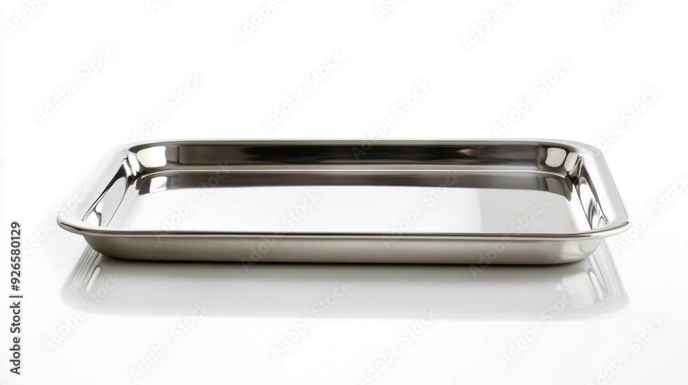 Elegant silver tray with a shiny reflective surface, beautifully isolated in a white space, ready for gourmet food presentation. Elegant silver tray with a shiny reflective surface, beautifully isolated in a white space, ready for gourmet food presentation.