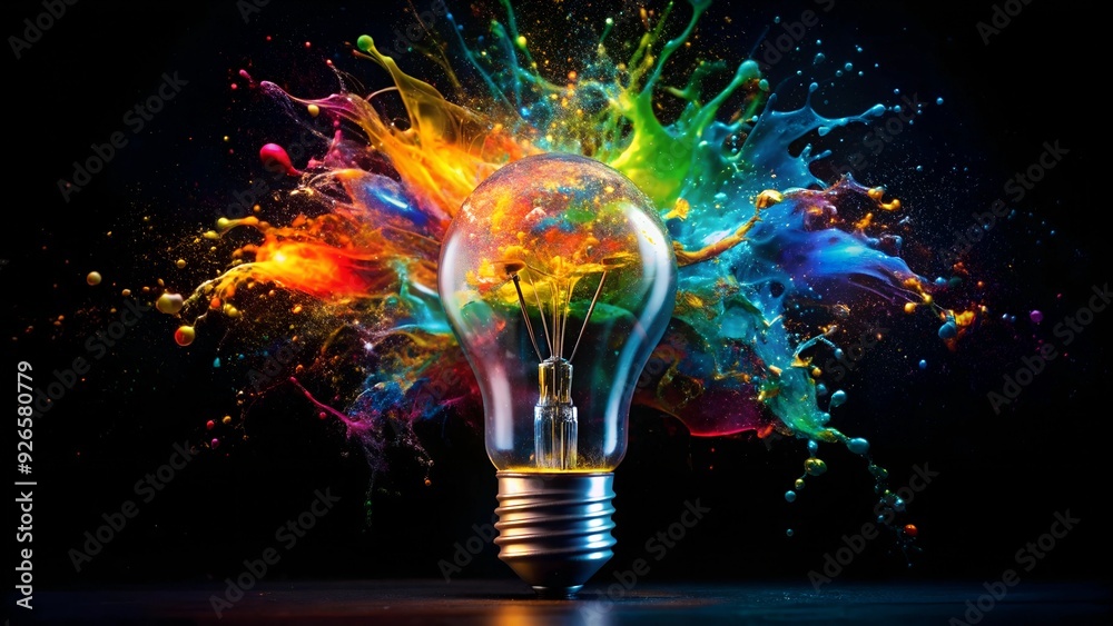 Creative light bulb explodes with colorful paint and splashes on a black background. Think differently creative idea concept Creative light bulb explodes with colorful paint and splashes on a black background. Think differently creative idea concept