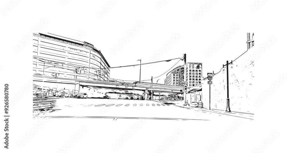 Building view with landmark of Stamford is the city in USA. Hand drawn sketch illustration in vector. Building view with landmark of Stamford is the city in USA. Hand drawn sketch illustration in vector.