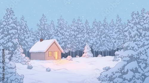 A cozy winter scene with a snow-covered cabin surrounded by evergreen trees, evoking warmth and tranquility in a snowy landscape. watercolor Style.
