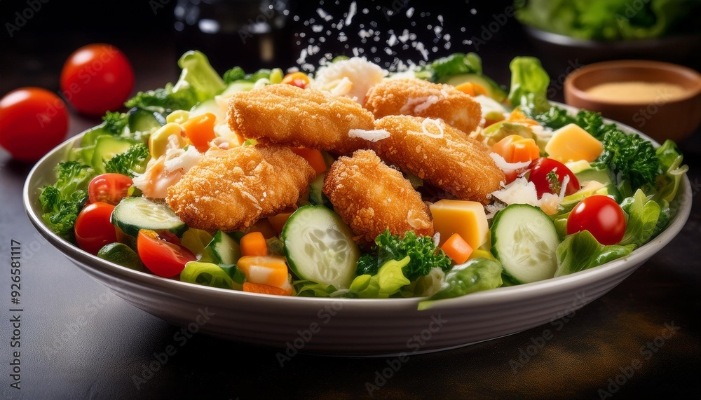 Crispy chicken nuggets on a bed of fresh vegetables with a sprinkling of cheese make a well-rounded and colorful salad. Crispy chicken nuggets on a bed of fresh vegetables with a sprinkling of cheese make a well-rounded and colorful salad.