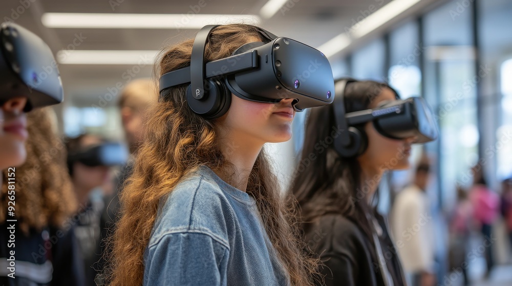 Students wearing VR headsets immerse themselves in a virtual learning environment exploring interactive simulations and educational games with a teacher guiding them through the experience this Students wearing VR headsets immerse themselves in a virtual learning environment exploring interactive simulations and educational games with a teacher guiding them through the experience this