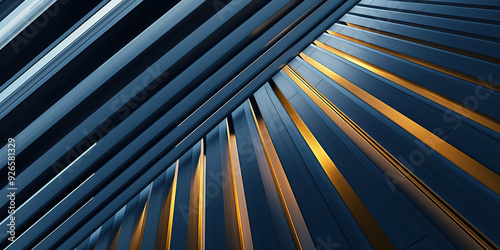 Modern Architectural Abstract with Blue and Gold Geometric Metal Panels photo