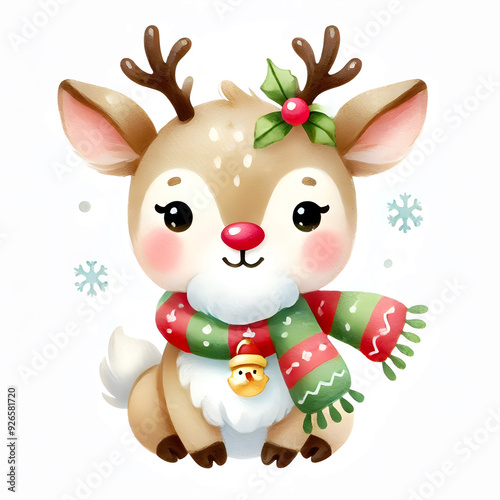 Charming cartoon illustration of a baby reindeer wearing a festive scarf, holly, and bell, perfect for Christmas designs and holiday cards.