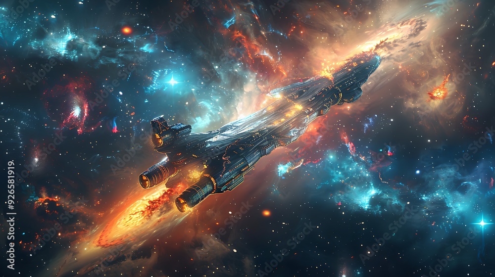 A spacecraft on a journey between galaxies, with the vast emptiness of intergalactic space and distant galaxies in the background, vibrant stars and nebulae lighting up the scene, A spacecraft on a journey between galaxies, with the vast emptiness of intergalactic space and distant galaxies in the background, vibrant stars and nebulae lighting up the scene,