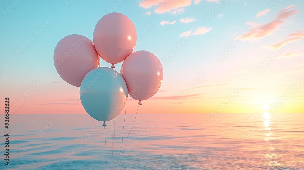 A serene scene of pastel balloons floating over a calm ocean during sunset, evoking feelings of joy and tranquility. A serene scene of pastel balloons floating over a calm ocean during sunset, evoking feelings of joy and tranquility.