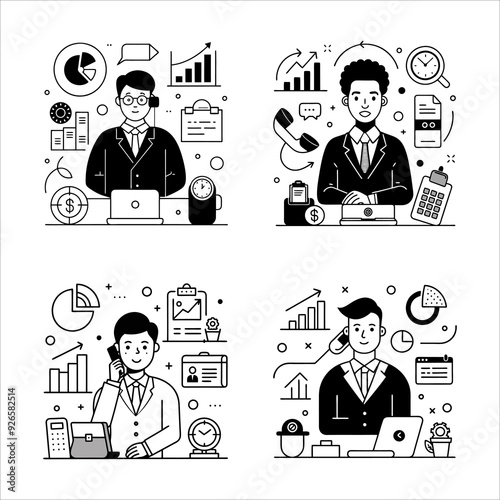 Set Of Produce a Detailed Line Art Drawing of a Black Banker Engaged in a Phone Call, with Office Elements Like a Desk, Telephone, and Financial Charts, Using a White Background to Keep the Focus on t