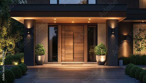 Modern House Entrance with Wooden Door at Night.