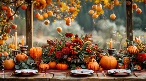 fall table setting with a rich orange tablecloth. Centerpiece of pumpkins, candles and autumn leaves. Plates with intricate leaf patterns and gold flatware photo