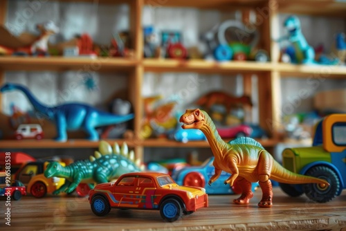 Fototapeta Naklejka Na Ścianę i Meble -  Colorful toy cars and dinosaurs displayed on a wooden shelf against a blurred background