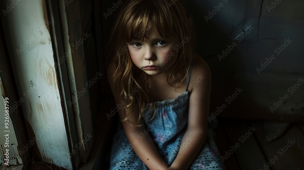 Sad little girl sitting in dark room Sad little girl sitting in dark room