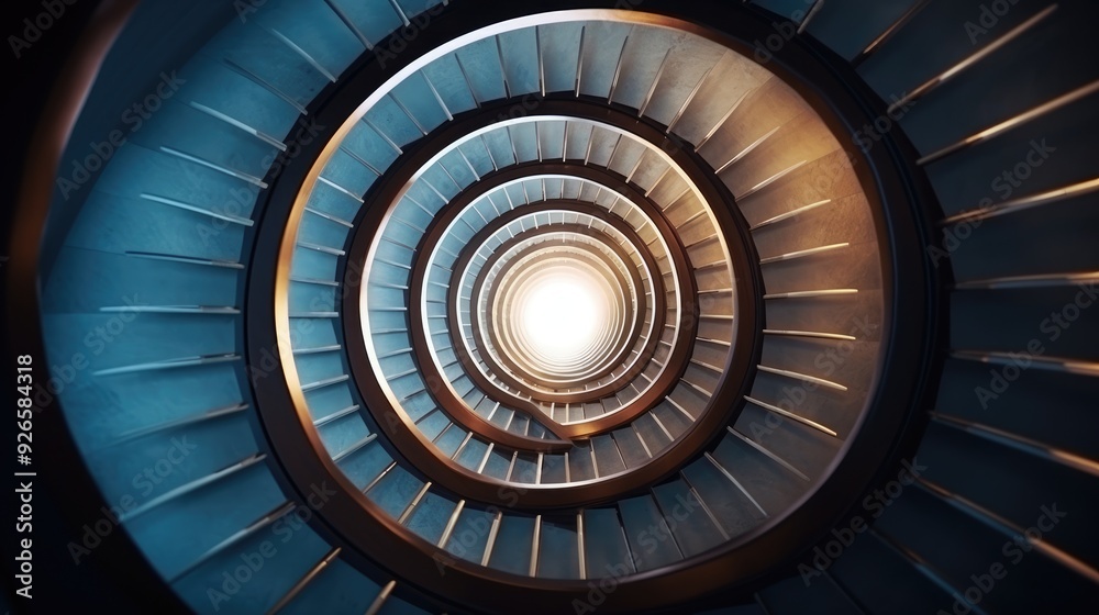 Fototapeta premium Abstract illuminated circular staircase with ascending spiral steps.