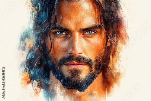 ethereal watercolor portrait of jesus soft edges luminous glow serene expression eyes filled with compassion neutral background with subtle hints of divine light