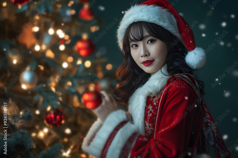 Young woman in Christmas attire with festive decor Young woman in Christmas attire with festive decor