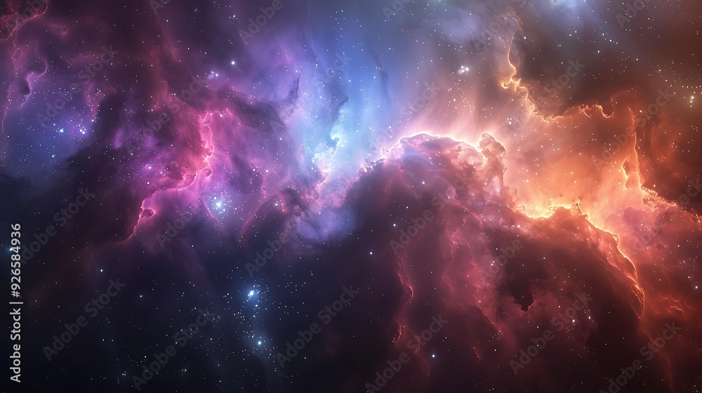 A vast interstellar cloud of gas and dust in space, with stars forming within, light filtering through the ethereal mist, vibrant colors of blue, purple, and pink, viewed from a nearby star system, A vast interstellar cloud of gas and dust in space, with stars forming within, light filtering through the ethereal mist, vibrant colors of blue, purple, and pink, viewed from a nearby star system,