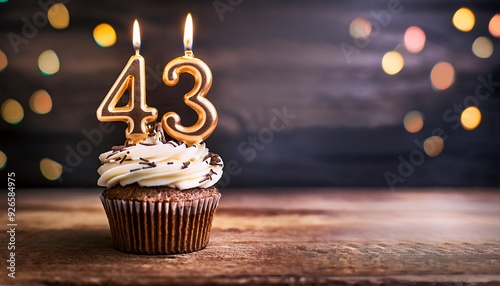 Forty-third birthday celebration with a yummy cupcake decorated with number 43 candles. It's on a wooden surface, with space for a message.
