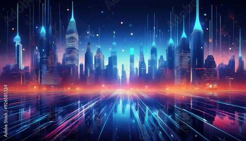 Futuristic urban skyline with illuminated skyscrapers and abstract lights in the background, modern cityscape at night