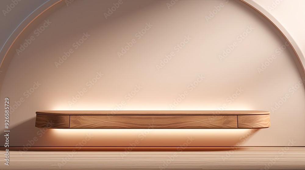 A minimalist wooden shelf illuminated softly against a curved wall. A minimalist wooden shelf illuminated softly against a curved wall.