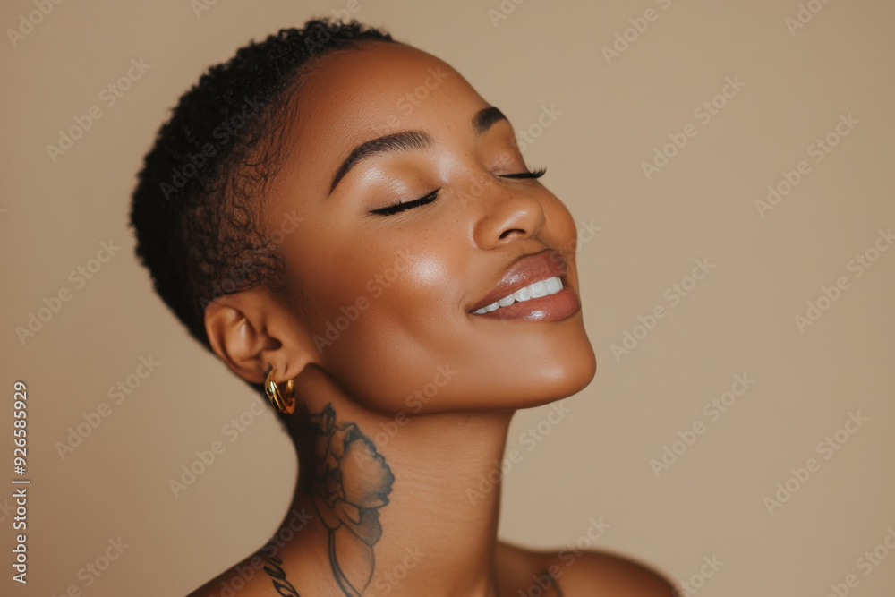 A close up of a tattooed black woman's face with her eyes closed A close up of a tattooed black woman's face with her eyes closed