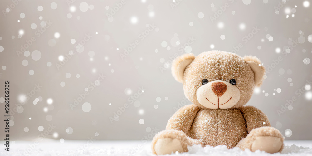 Adorable Brown Teddy Bear in Snow with Falling Snowflakes - Winter Holiday Background Adorable Brown Teddy Bear in Snow with Falling Snowflakes - Winter Holiday Background