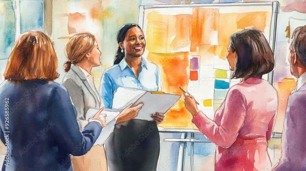 Obraz premium Diverse Professionals Engaged in Learning at a Watercolor Business Workshop