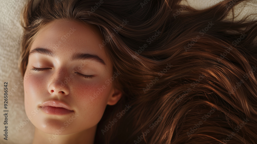 Naklejka premium Serene Close-Up of Woman Lying Down with Flowing Hair
