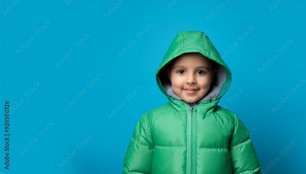 Green water-resistant autumn jacket with a hood for kids, isolated on a blue background. Warm, hooded jacket for children. Cutout clothing template. Fashionable, stylish outerwear. Green water-resistant autumn jacket with a hood for kids, isolated on a blue background. Warm, hooded jacket for children. Cutout clothing template. Fashionable, stylish outerwear.