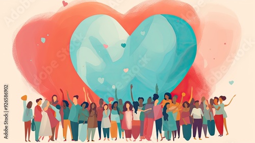 A vibrant illustration of diverse people celebrating love and unity with a large heart backdrop.