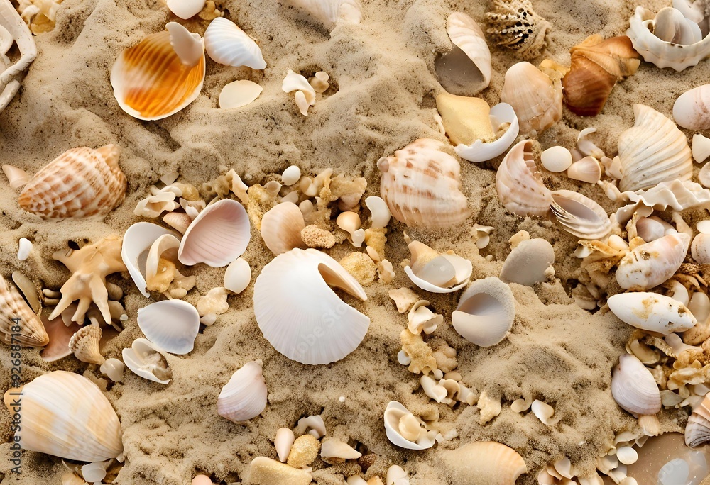 variety of seashells scattered across the sandy beach, creating a textured and natural display.
