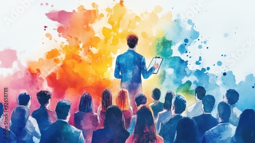 Innovative Watercolor Pitch: Diverse Entrepreneurs Presenting Creative Ideas