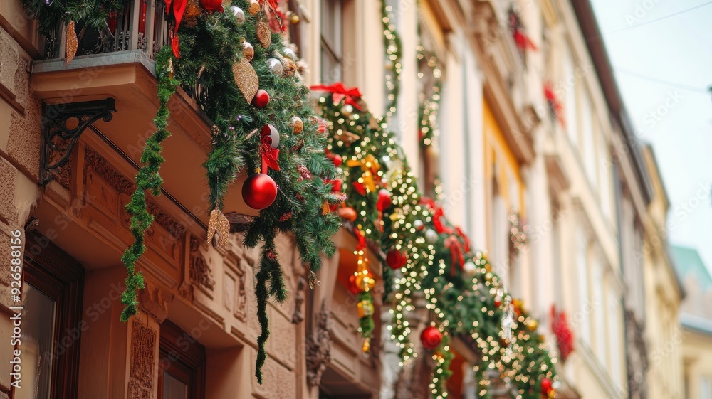Green Christmas garlands with red and gold ornaments adorning the facades of city buildings, creating a festive urban atmosphere. Green Christmas garlands with red and gold ornaments adorning the facades of city buildings, creating a festive urban atmosphere.
