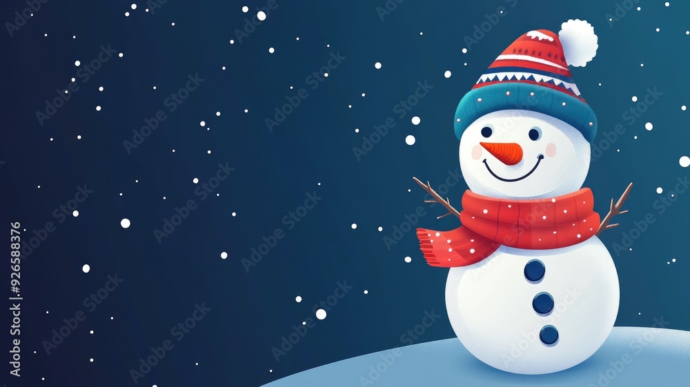 Cheerful snowman wearing a hat and scarf, standing against a starry winter night backdrop. Cheerful snowman wearing a hat and scarf, standing against a starry winter night backdrop.