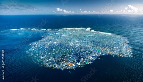 Huge island of plastic waste in the ocean, known as the Great Pacific Garbage Patch or Plastic Island.