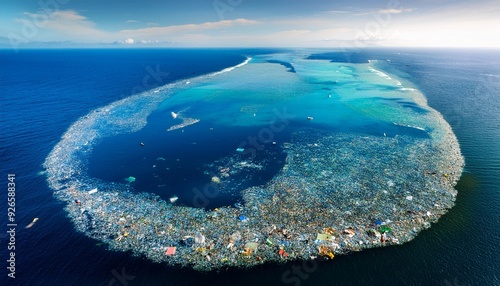 Huge island of plastic waste in the ocean, known as the Great Pacific Garbage Patch or Plastic Island.