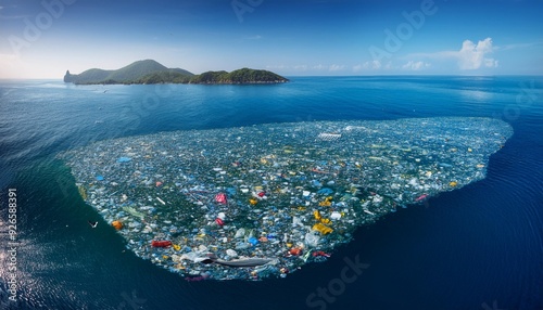 Huge island of plastic waste in the ocean, known as the Great Pacific Garbage Patch or Plastic Island.