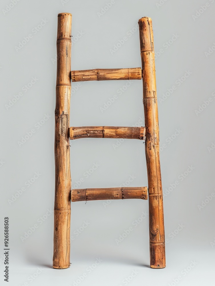 Rustic Wooden Ladder Made from Bamboo Against a Neutral Background for Home Decor and Gardening Use Rustic Wooden Ladder Made from Bamboo Against a Neutral Background for Home Decor and Gardening Use