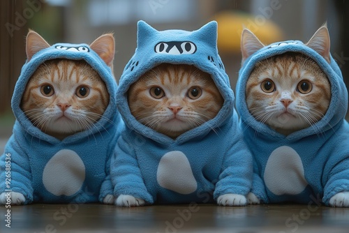 trio of adorable cats wearing matching blue shark onesies posed in playful anime style with exaggerated expressions photo