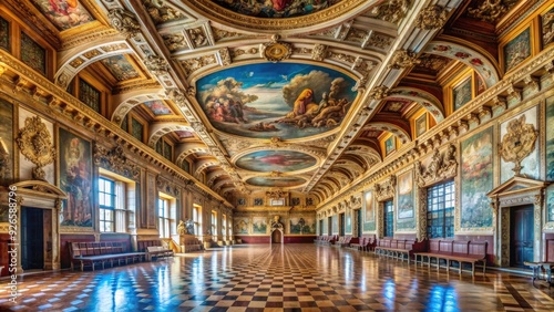 Panoramic view of the grand hall interior and exquisite artworks in Doge's Palace, panoramic, hall, interior