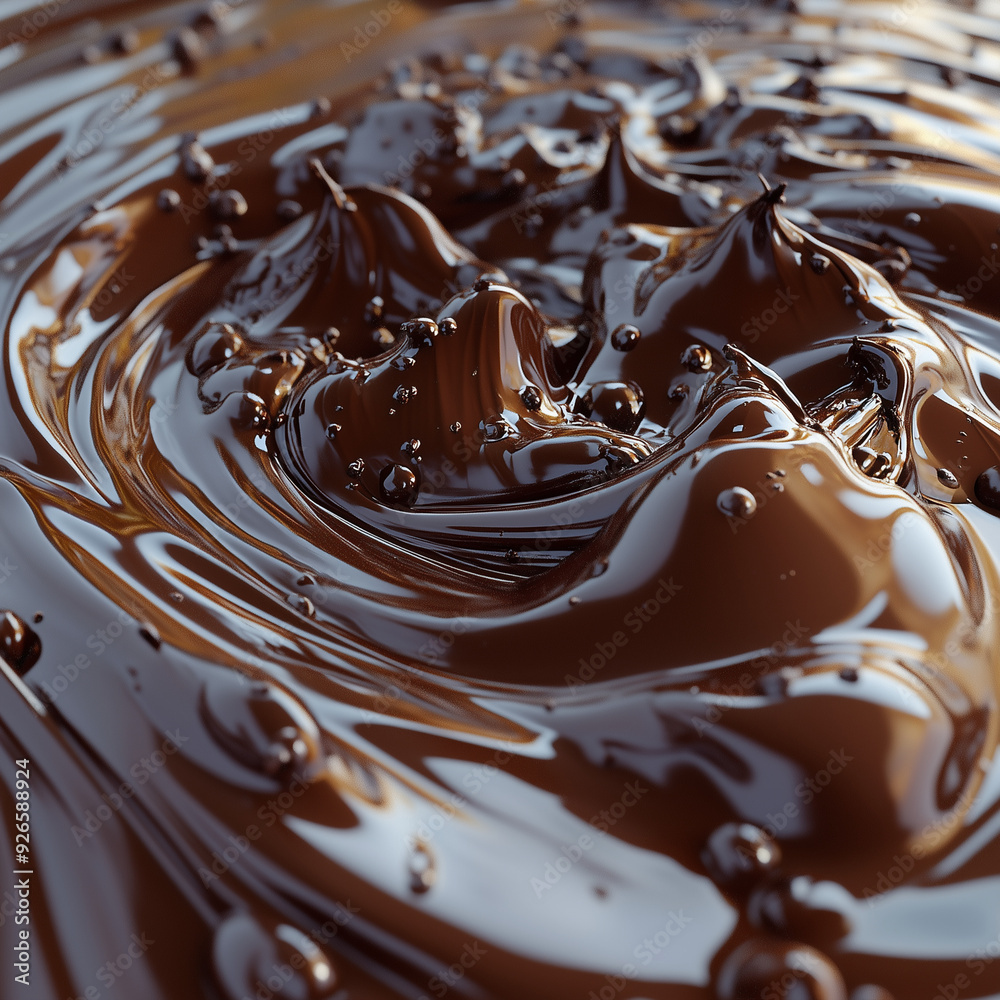 A swirl of chocolate sauce with many small droplets of chocolate. Concept of indulgence and sweetness, as the chocolate sauce is rich and thick, and the droplets are small and numerous A swirl of chocolate sauce with many small droplets of chocolate. Concept of indulgence and sweetness, as the chocolate sauce is rich and thick, and the droplets are small and numerous
