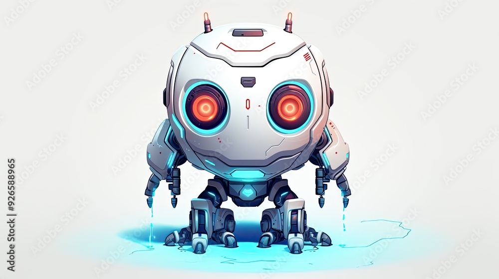 A cute, futuristic robot with glowing eyes and mechanical limbs. A cute, futuristic robot with glowing eyes and mechanical limbs.