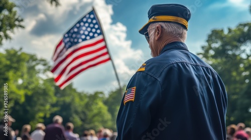 A Memorial Day tribute with veterans being honored, speeches being made, the American flag flying high, and a sense of reverence and national pride among the attendees photo