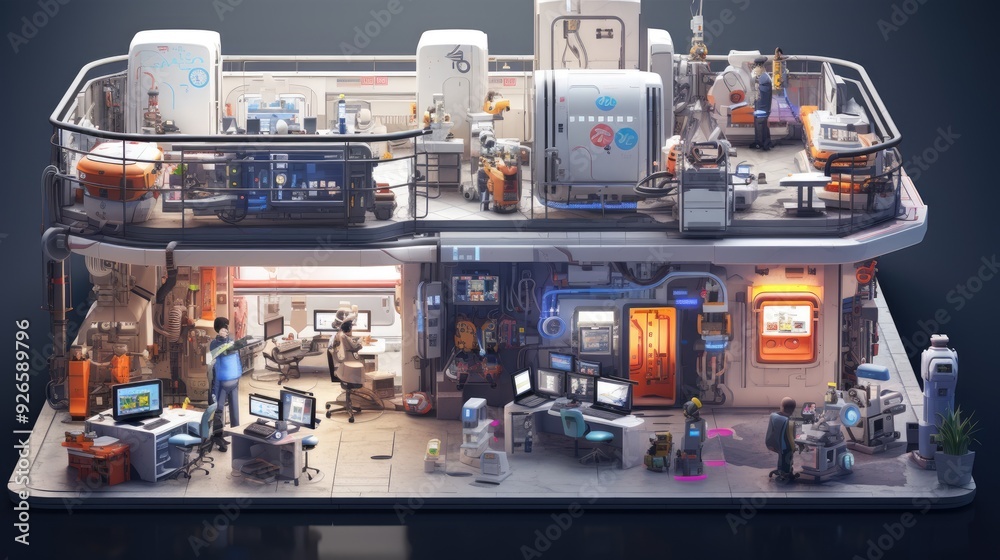 A futuristic laboratory scene with advanced technology and various workstations. A futuristic laboratory scene with advanced technology and various workstations.