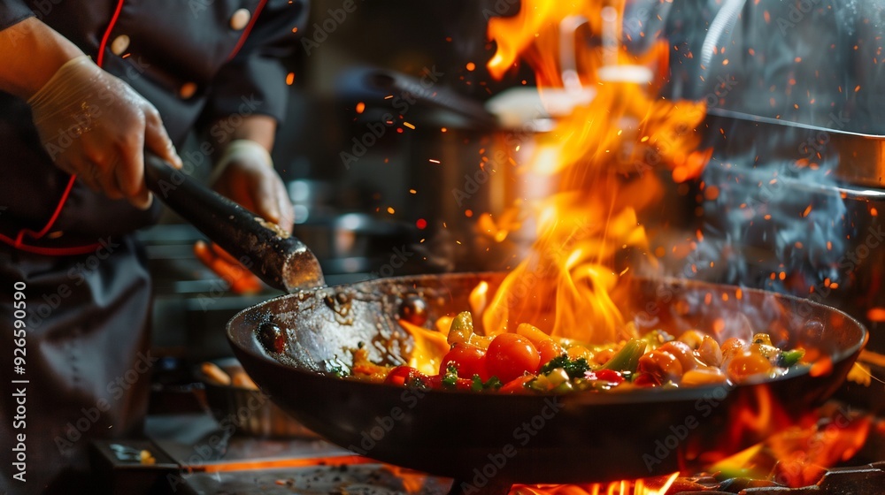 Chef hands keep wok with fire. Closeup chef hands cook food with fire. Chef hands keep wok with fire. Closeup chef hands cook food with fire.