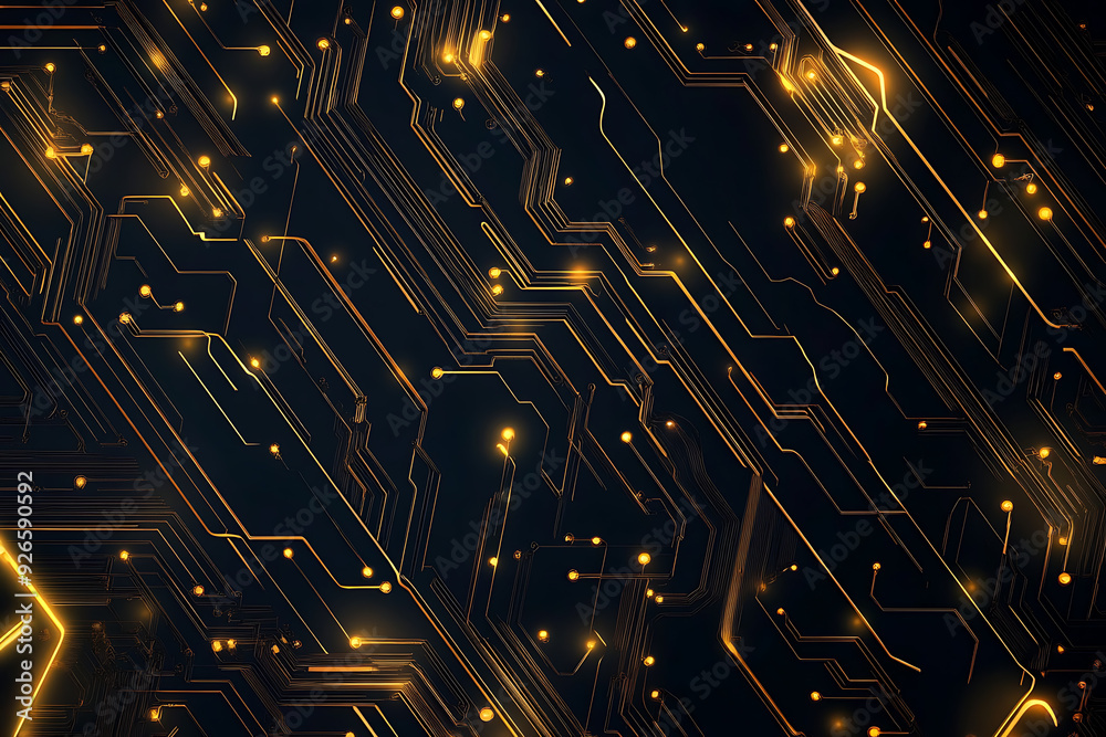 A modern abstract design featuring gold lines and dots representing network science and technology on a high-tech dark background. Ideal for templates, web design, and presentations A modern abstract design featuring gold lines and dots representing network science and technology on a high-tech dark background. Ideal for templates, web design, and presentations