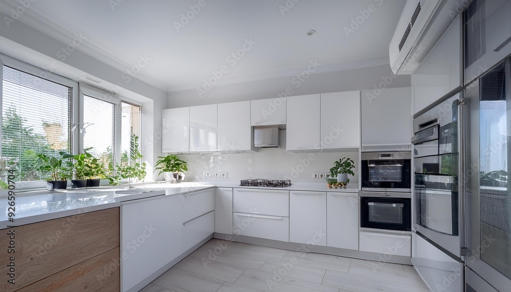 Modern kitchen in white with stylish furniture. It has appliances for cooking and it's in an apartment.