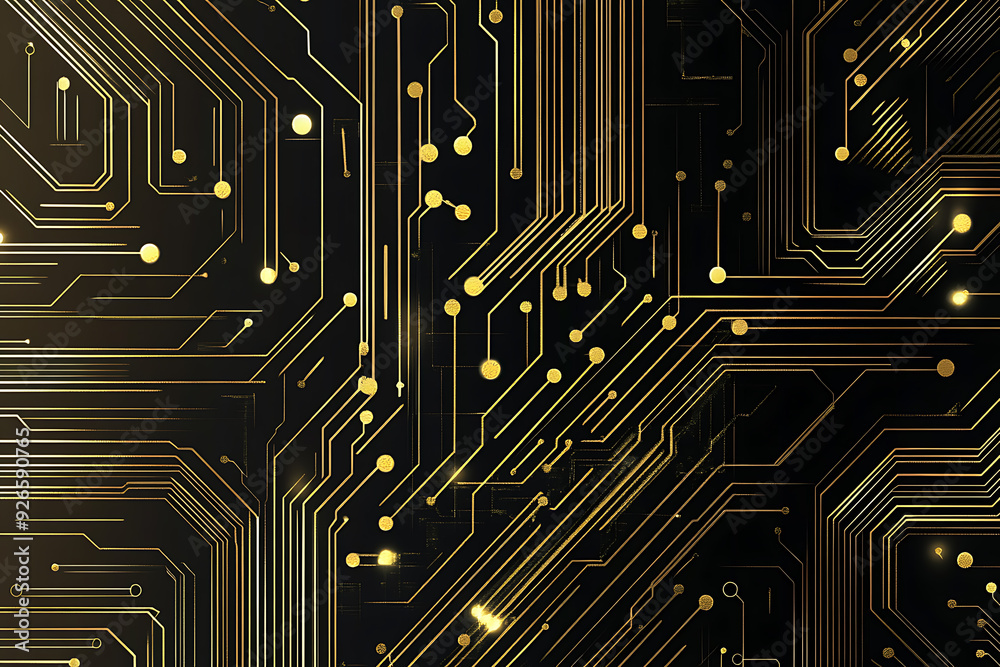 A modern abstract design featuring gold lines and dots representing network science and technology on a high-tech dark background. Ideal for templates, web design, and presentations A modern abstract design featuring gold lines and dots representing network science and technology on a high-tech dark background. Ideal for templates, web design, and presentations