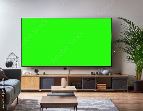 Modern loft apartment with a large TV and green screen on a stand. The spacious, cozy living room has an empty chroma key placeholder on the TV.