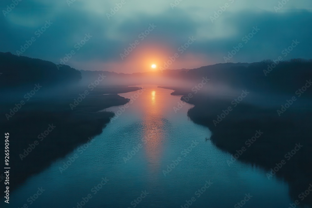 Fototapeta premium fantastical aerial view of a winding river at twilight ethereal mist bioluminescent water otherworldly landscape and a dreamy color palette