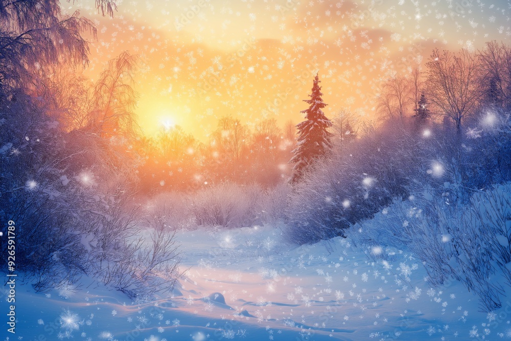 A snowy forest with a tree in the middle. The sun is setting and the sky is orange A snowy forest with a tree in the middle. The sun is setting and the sky is orange